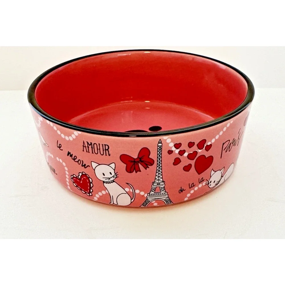 WHISKER CITY Pink Cat Bowl Paris Eiffel Tower Hearts Amour Ceramic Pet Dish